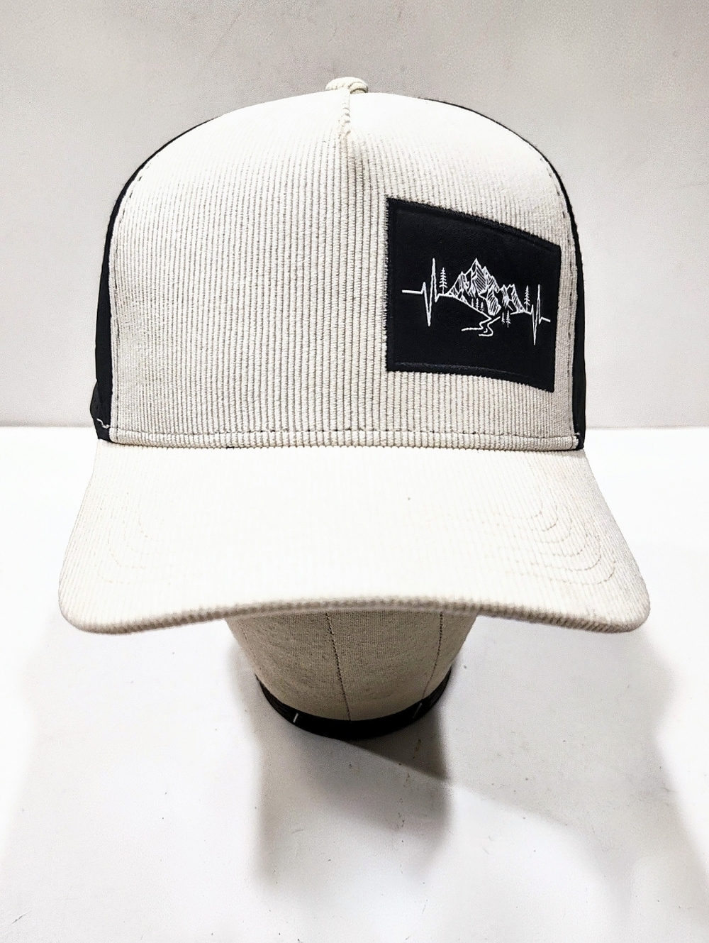 The Heartbeat Brand Mountain Trucker Hat Cap Cream Corduroy Black Mesh Snapback